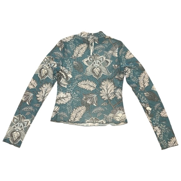 Blue B Mesh Top Size L Teal Long Sleeve Mock Neck Back Keyhole Button Closure - Picture 5 of 12